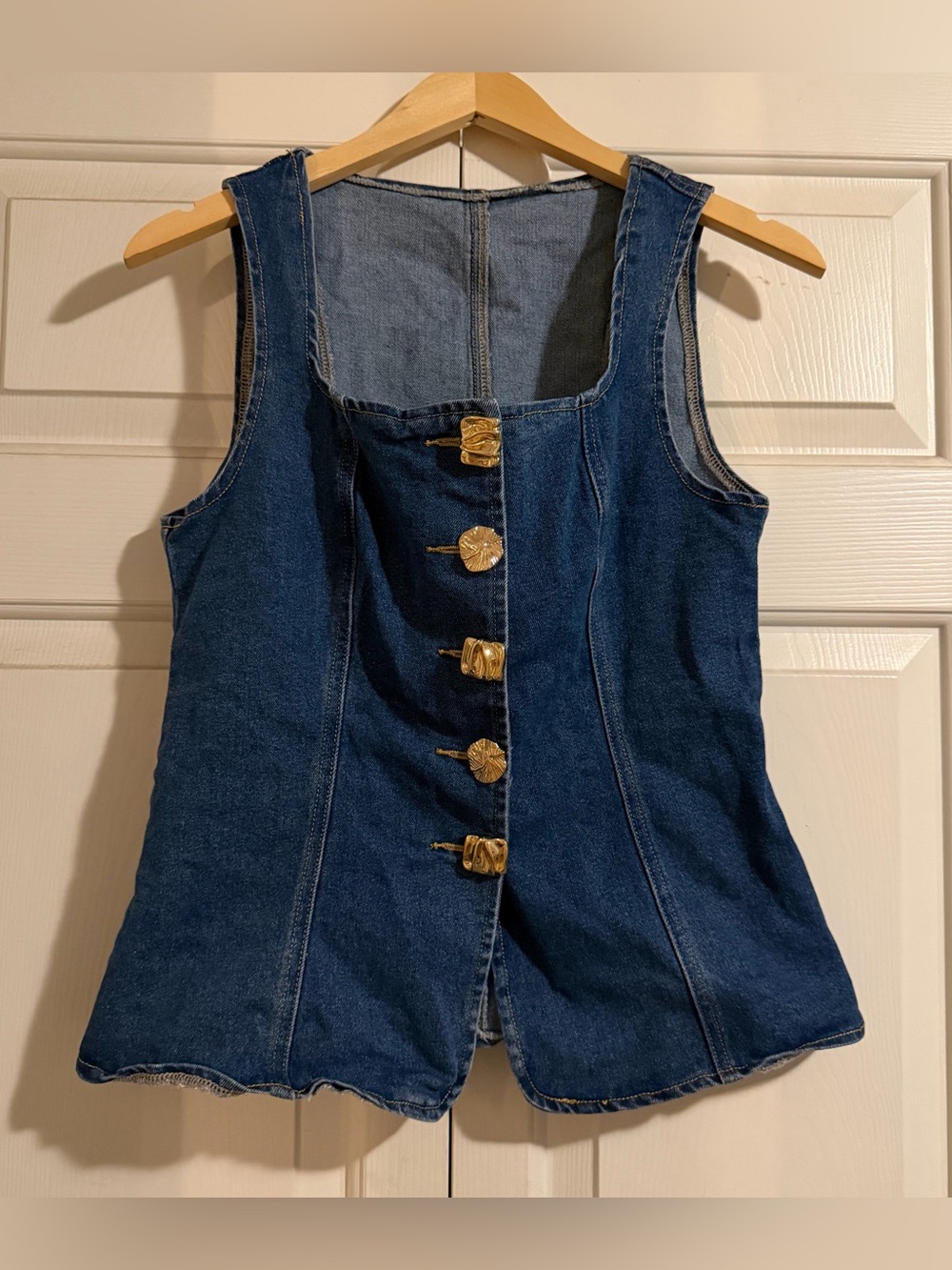 Women's Metal Button Front Denim Tank Top Sleeveless Square Neck Slim Fit Jean
